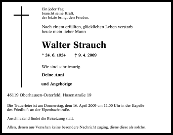 Traueranzeige von Walter Strauch von Tageszeitung
