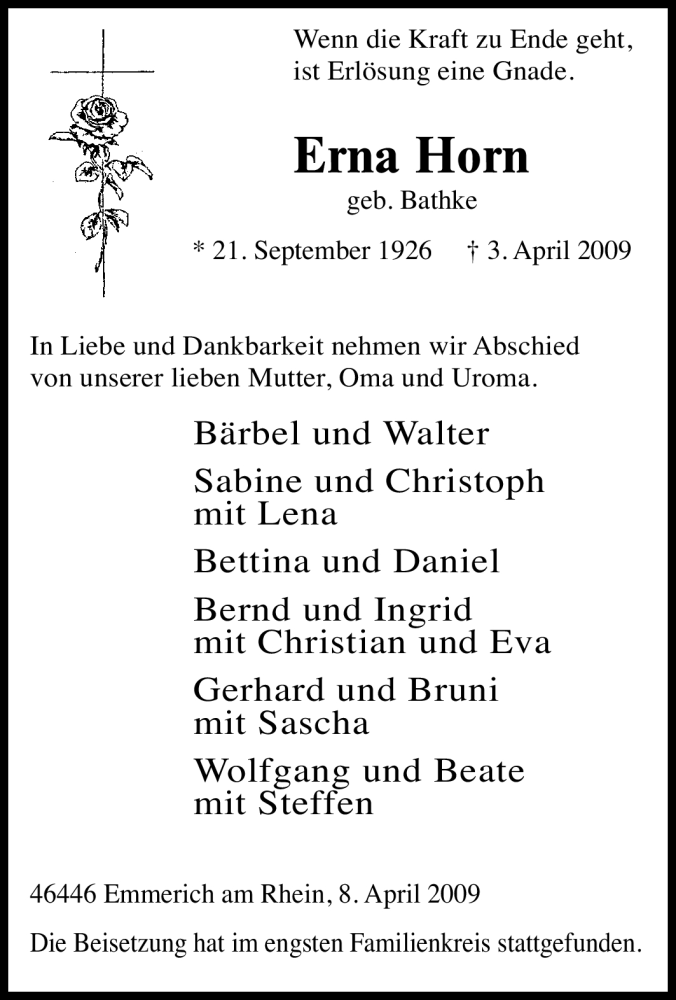 Traueranzeigen von Erna Horn TrauerinNRW.de