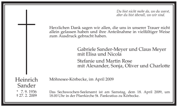 Traueranzeige von Heinrich Sander von Tageszeitung