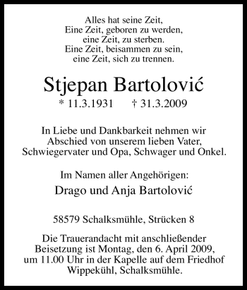 Traueranzeige von Stjepan Bartolovi von Tageszeitung