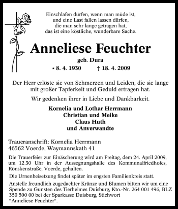 Traueranzeige von Anneliese Feuchter von Tageszeitung