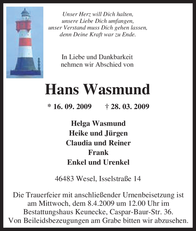  Traueranzeige für Hans Wasmund vom 04.04.2009 aus Tageszeitung
