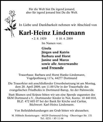 Traueranzeige von Karl-Heinz Lindemann von Tageszeitung
