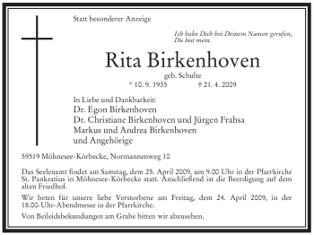 Traueranzeige von Rita Birkenhoven von Tageszeitung