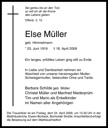 Traueranzeige von Else Müller von Tageszeitung