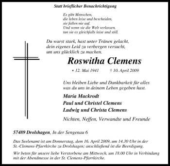 Traueranzeige von Roswitha Clemens von Tageszeitung