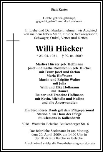 Traueranzeige von Willi Hücker von Tageszeitung