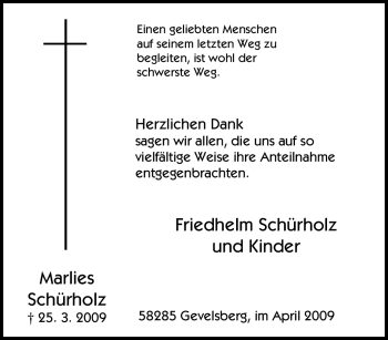 Traueranzeige von Marlies Schürholz von Tageszeitung