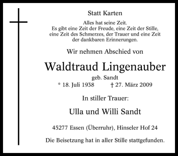Traueranzeige von Waldtraud Lingenauber von Tageszeitung