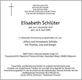 Traueranzeige von Elisabeth Schlüter von Tageszeitung