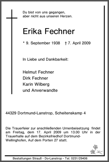Traueranzeige von Erika Fechner von Tageszeitung