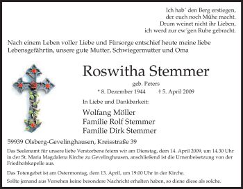 Traueranzeige von Roswitha Stemmer von Tageszeitung