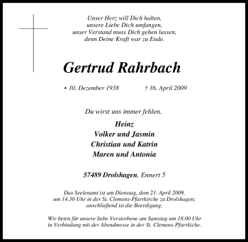 Traueranzeige von Gertrud Rahrbach von Tageszeitung
