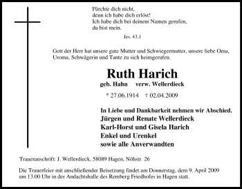 Traueranzeige von Ruth Harich von Tageszeitung