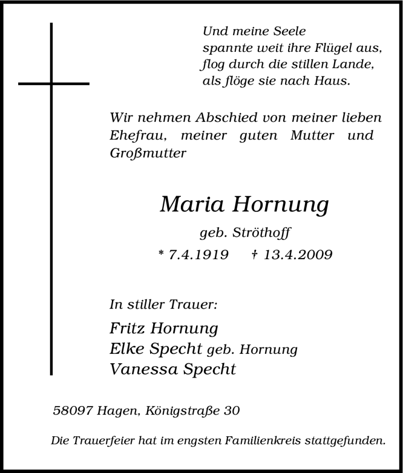 Traueranzeigen von Maria Hornung TrauerinNRW.de