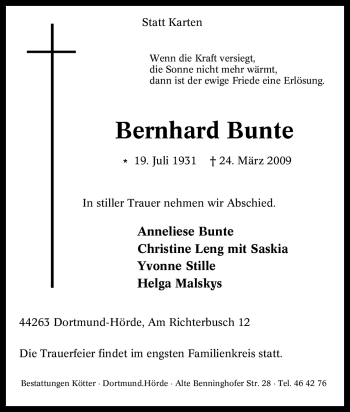 Traueranzeige von Bernhard Bunte von Tageszeitung