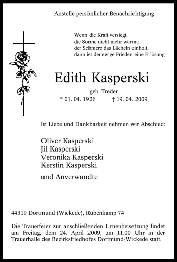 Traueranzeige von Edith Kasperski von Tageszeitung