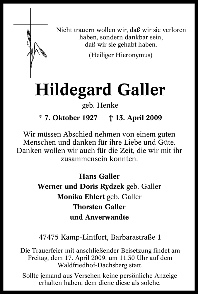 Traueranzeigen von Hildegard Galler TrauerinNRW.de