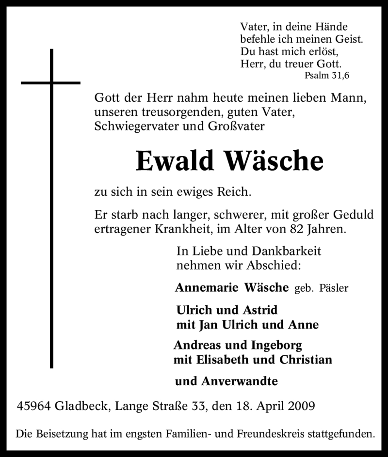 Traueranzeige für Ewald Wäsche vom 24.04.2009 aus Tageszeitung