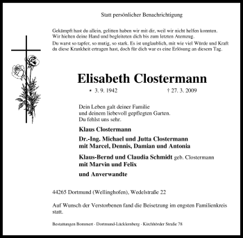 Traueranzeige von Elisabeth Clostermann von Tageszeitung