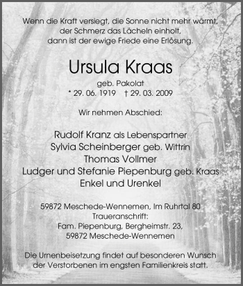 Traueranzeige von Ursula Kraas von Tageszeitung
