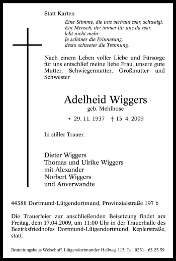Traueranzeige von Adelheid Wiggers von Tageszeitung