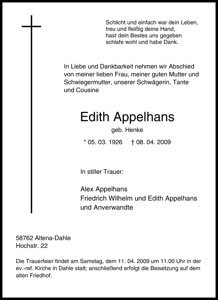  Traueranzeige für Edith Appelhans vom 09.04.2009 aus Tageszeitung