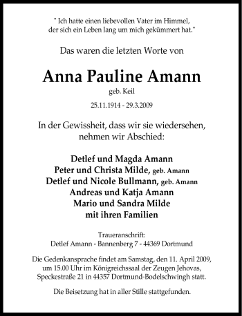 Traueranzeige von Anna Pauline Amann von Tageszeitung
