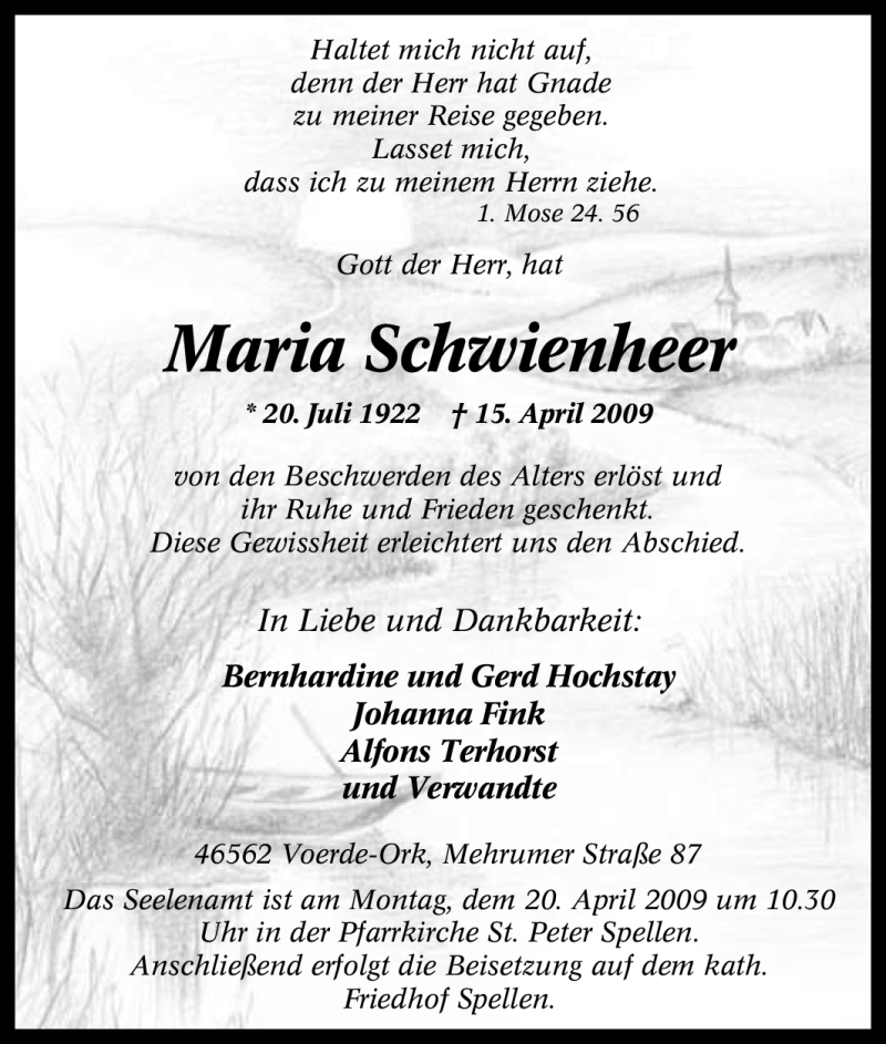  Traueranzeige für Maria Schwienheer vom 17.04.2009 aus Tageszeitung