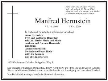 Traueranzeige von Manfred Hermstein von Tageszeitung
