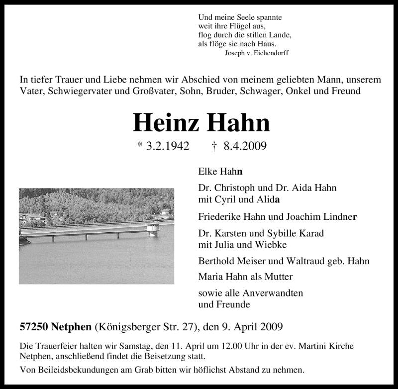  Traueranzeige für Heinz Hahn vom 09.04.2009 aus Tageszeitung