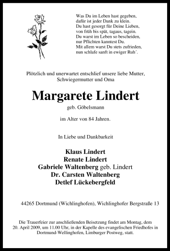 Traueranzeige von Margarete Lindert von Tageszeitung