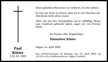 Traueranzeige von Paul Köster von Tageszeitung