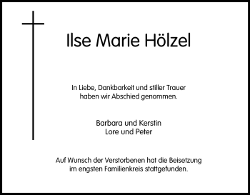 Traueranzeige von Ilse Marie Hölzel von Tageszeitung
