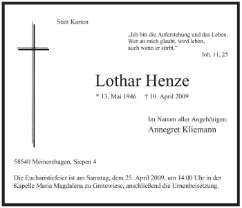 Traueranzeige von Lothar Henze von Tageszeitung
