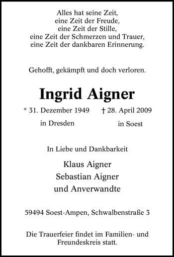 Traueranzeige von Ingrid Aigner von Tageszeitung