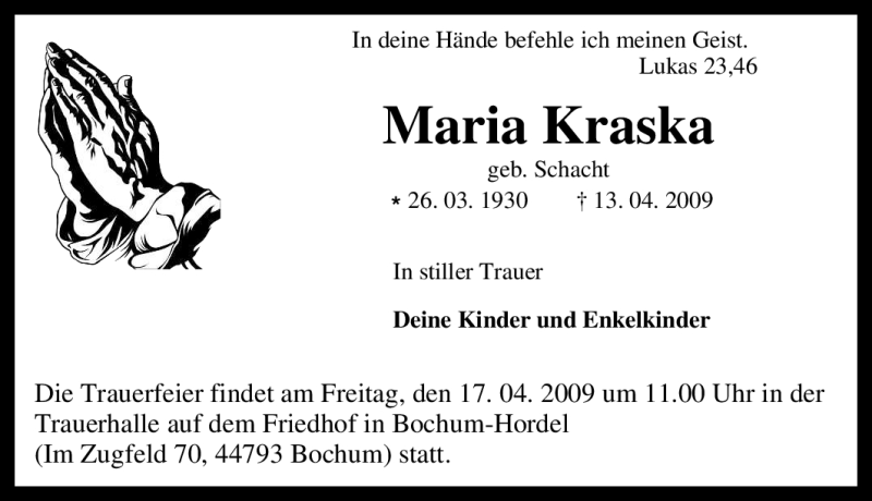  Traueranzeige für Maria Kraska vom 15.04.2009 aus Tageszeitung