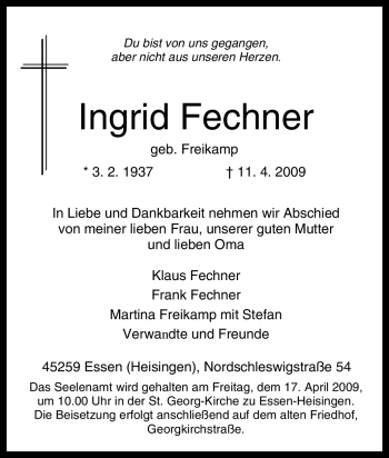 Traueranzeige von Ingrid Fechner von Tageszeitung