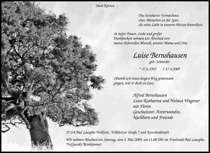  Traueranzeige für Luise Bernshausen vom 25.04.2009 aus Tageszeitung