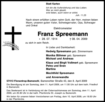 Traueranzeige von Franz Spreemann von Tageszeitung