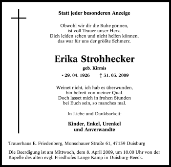 Traueranzeige von Erika Strohhecker von Tageszeitung