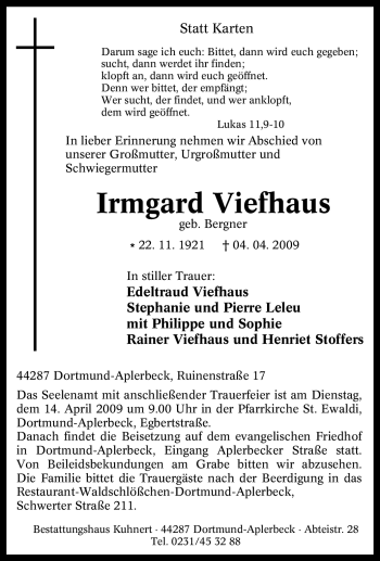 Traueranzeige von Irmgard Viefhaus von Tageszeitung