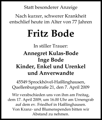 Traueranzeige von Fritz Bode von Tageszeitung