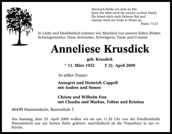 Traueranzeige von Anneliese Krusdick von Tageszeitung
