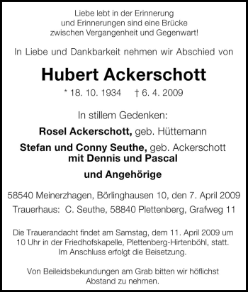 Traueranzeige von Hubert Ackerschott von Tageszeitung