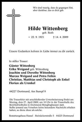 Traueranzeige von Hilde Wittenberg von Tageszeitung