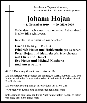 Traueranzeige von Johann Hojan von Tageszeitung