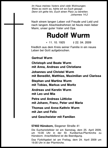 Traueranzeige von Rudolf Wurm von Tageszeitung