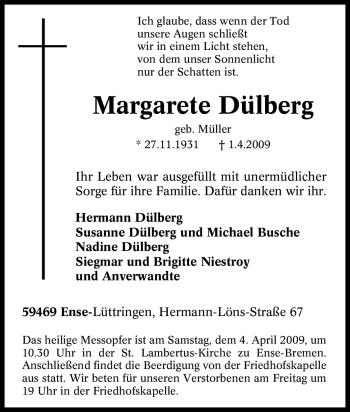 Traueranzeige von Margarete Dülberg von Tageszeitung