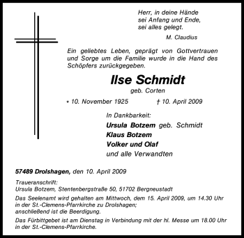 Traueranzeige von Ilse Schmidt von Tageszeitung